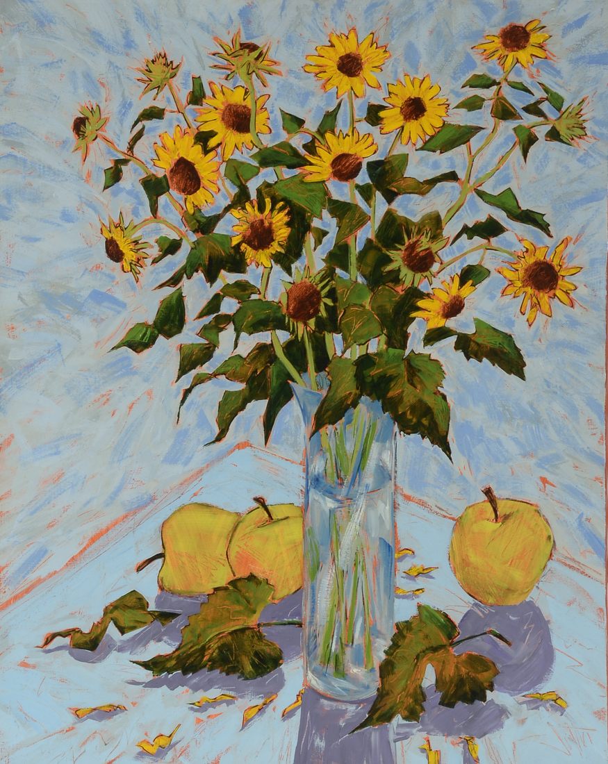 Stephen Jatho Original 2005 Acrylic on Canvas "Les Tournesols dans un Vase en Verre"