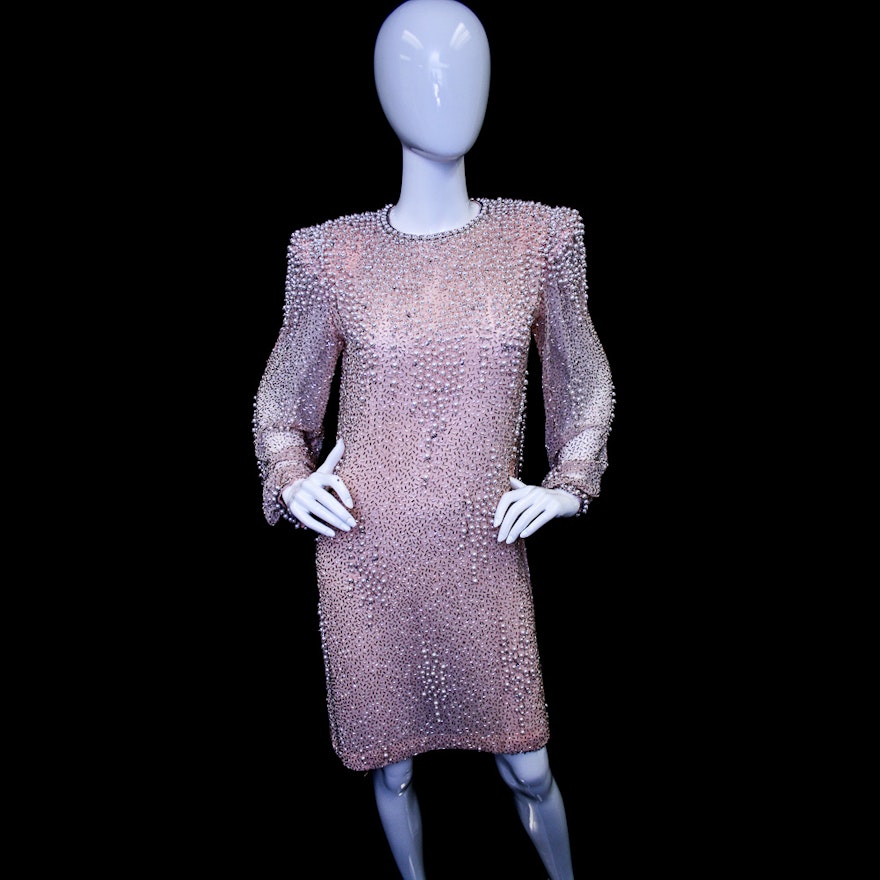 1980s Fully Beaded Chiffon Peach and Pearl Cocktail Dress