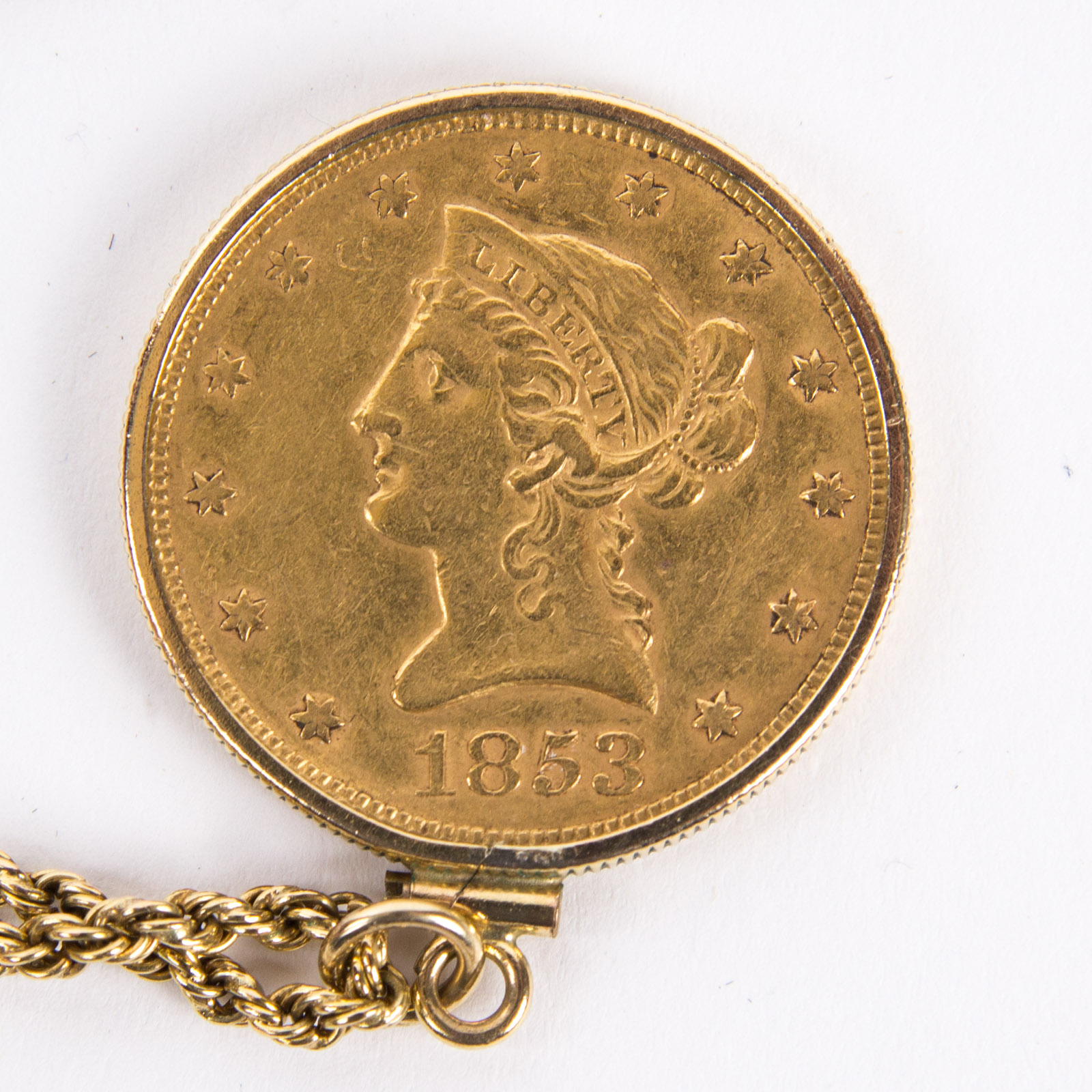 1853 Liberty Head Ten Dollar Gold Coin Pendant with Gold Fill Necklace