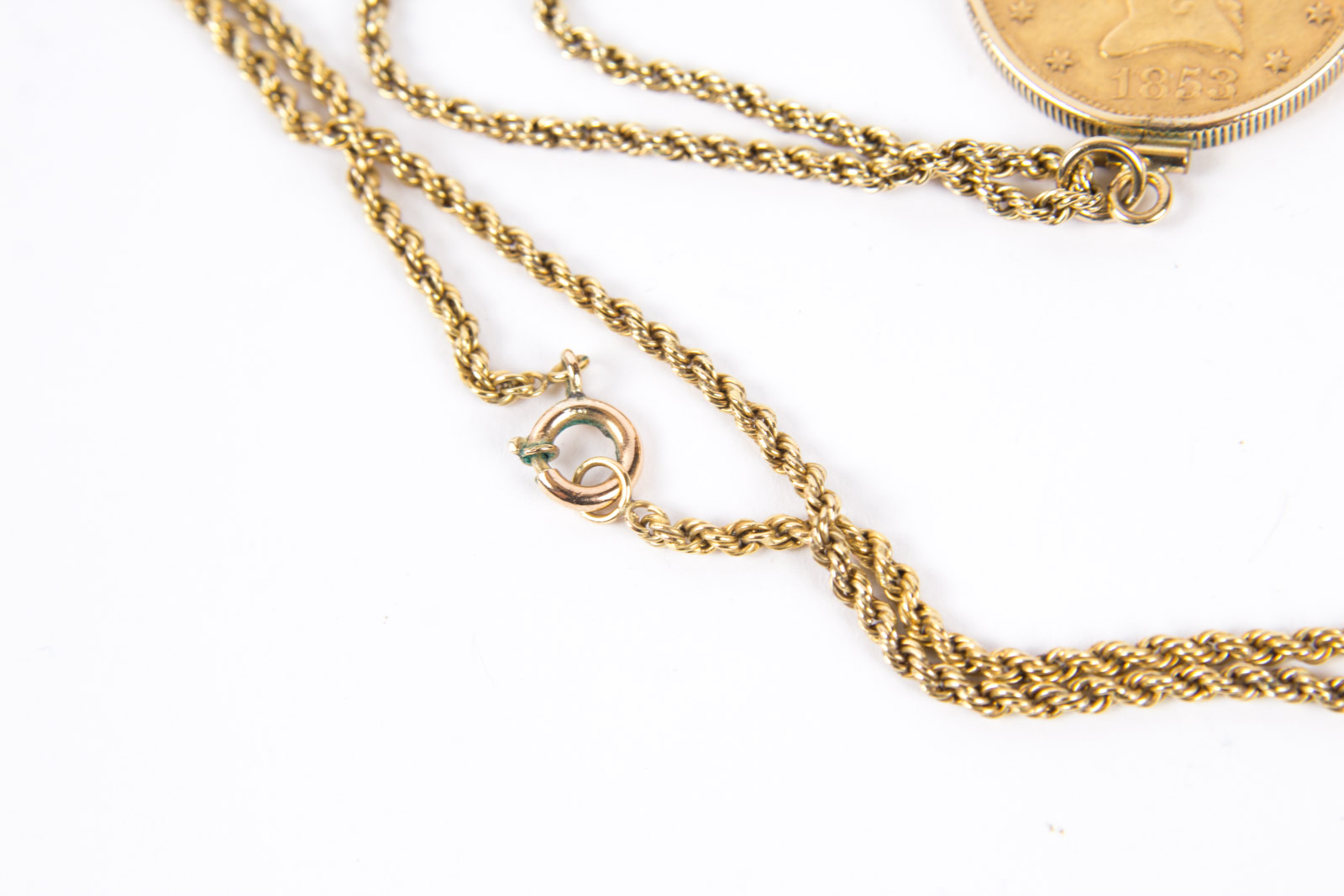 1853 Liberty Head Ten Dollar Gold Coin Pendant with Gold Fill Necklace