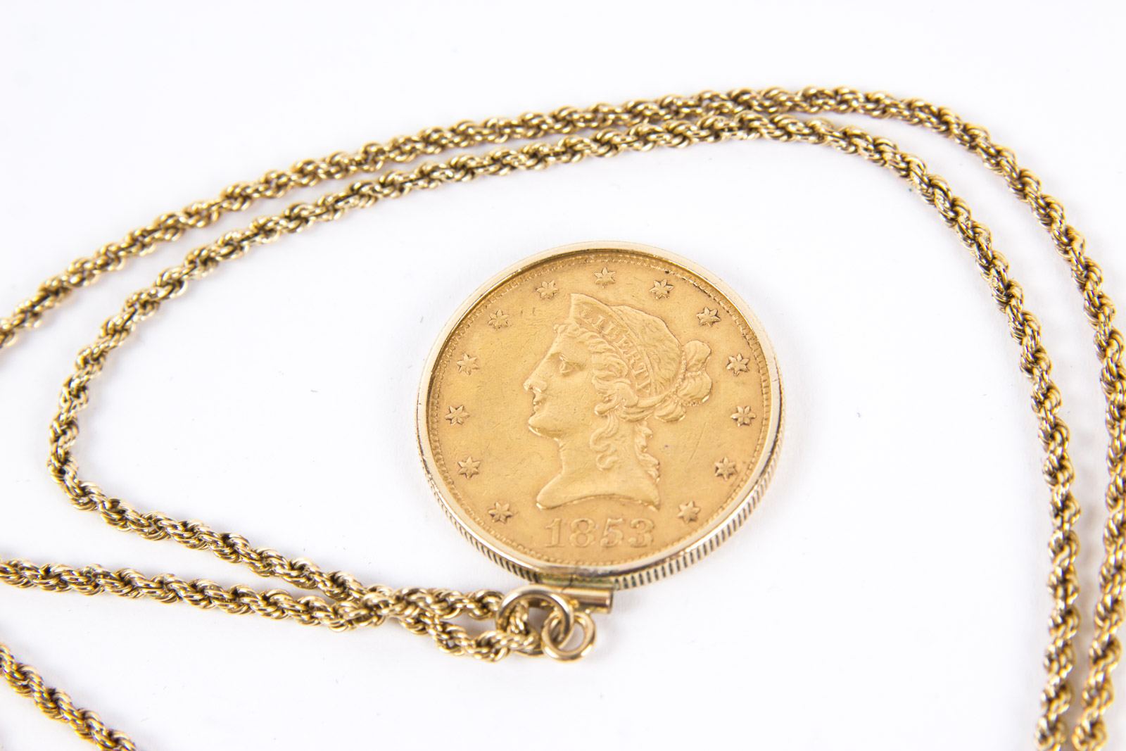 1853 Liberty Head Ten Dollar Gold Coin Pendant with Gold Fill Necklace