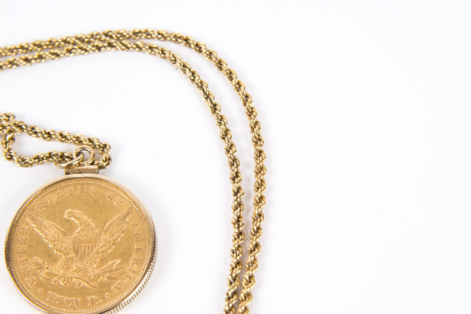1853 Liberty Head Ten Dollar Gold Coin Pendant with Gold Fill Necklace