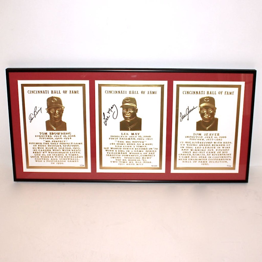 Three Cincinnati Reds HOF Plaque Embossed Prints with Player Signatures