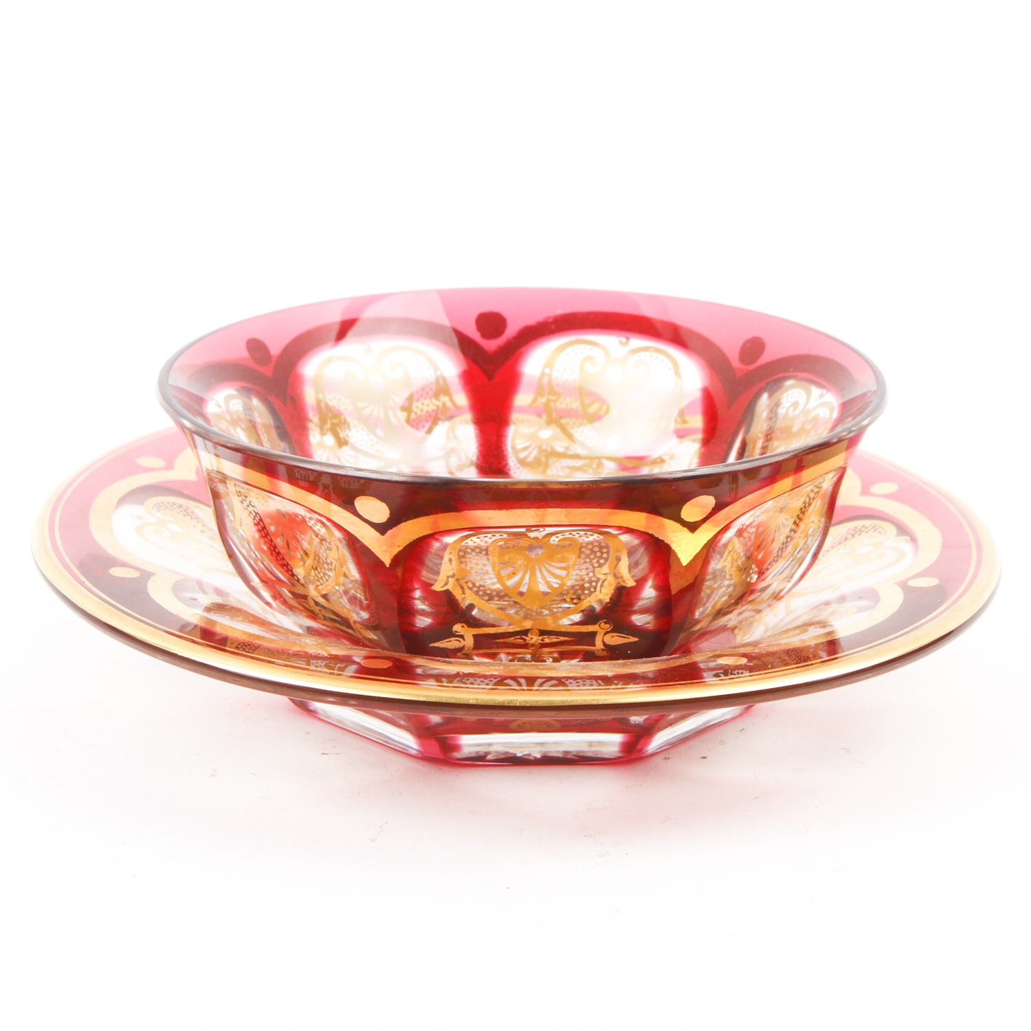 Antique Baccarat Red and Gold Crystal "Empire" Bowl and Under Plate