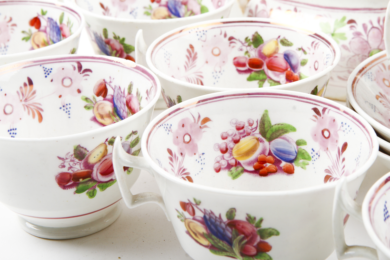 Collection of Antique English Pink Lustreware Tea Cups and Dishes