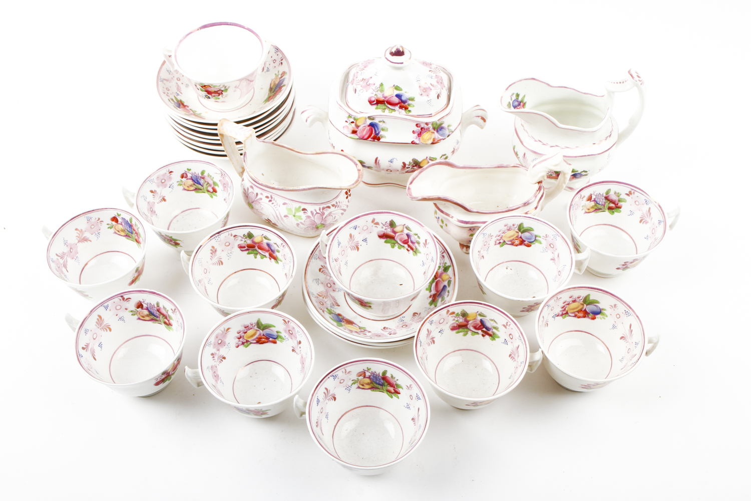 Collection of Antique English Pink Lustreware Tea Cups and Dishes