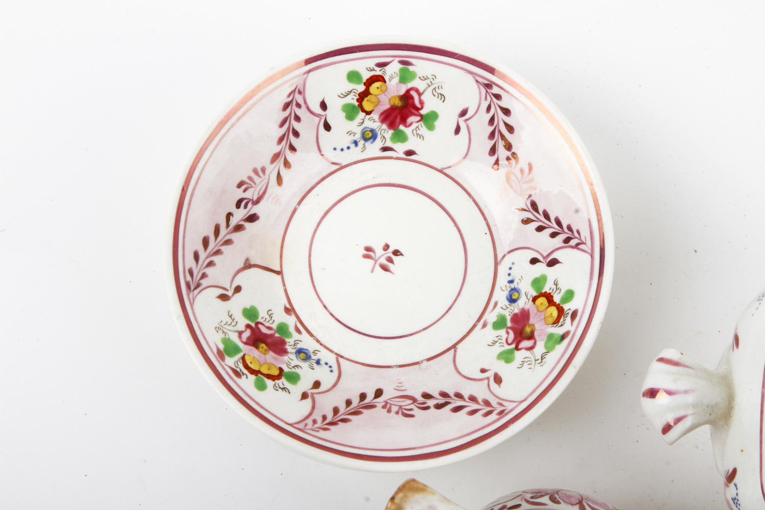 Collection of Antique English Pink Lustreware Tea Cups and Dishes