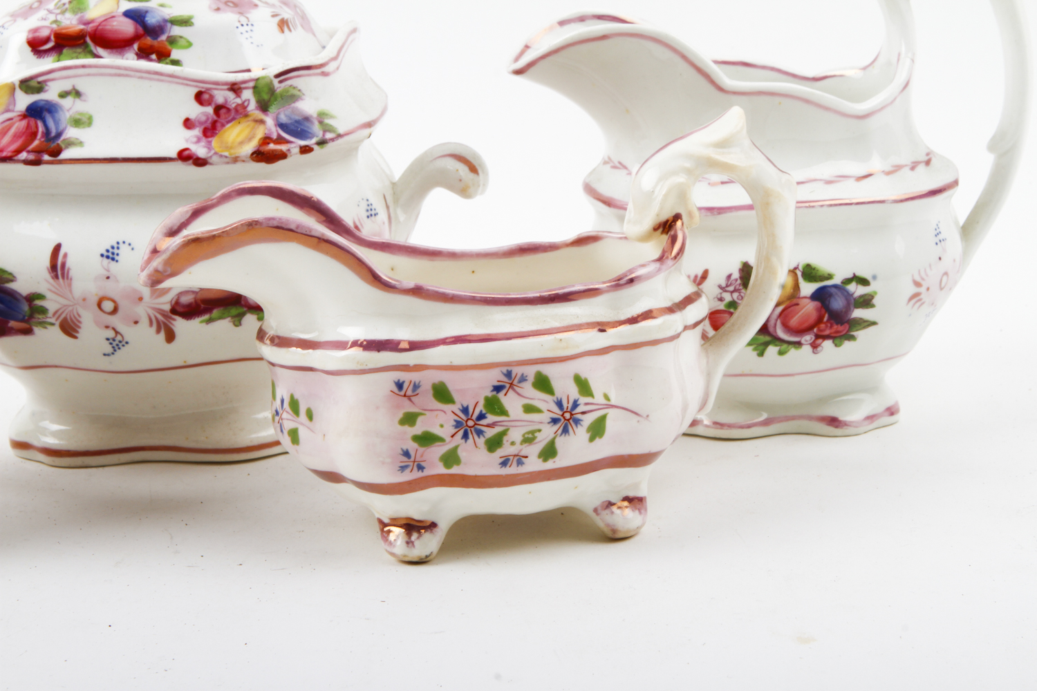 Collection of Antique English Pink Lustreware Tea Cups and Dishes