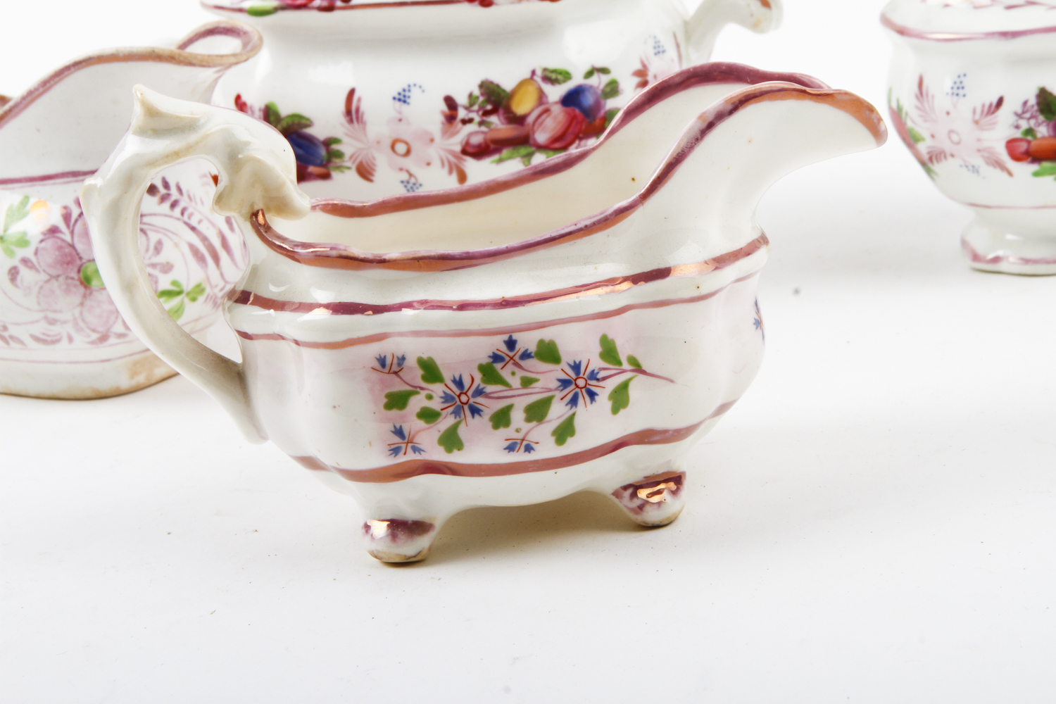 Collection of Antique English Pink Lustreware Tea Cups and Dishes