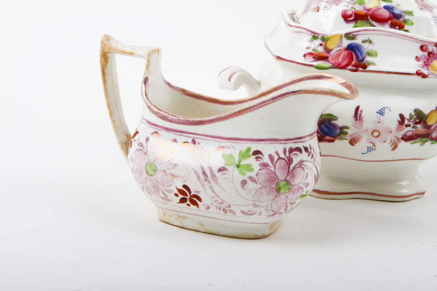 Collection of Antique English Pink Lustreware Tea Cups and Dishes