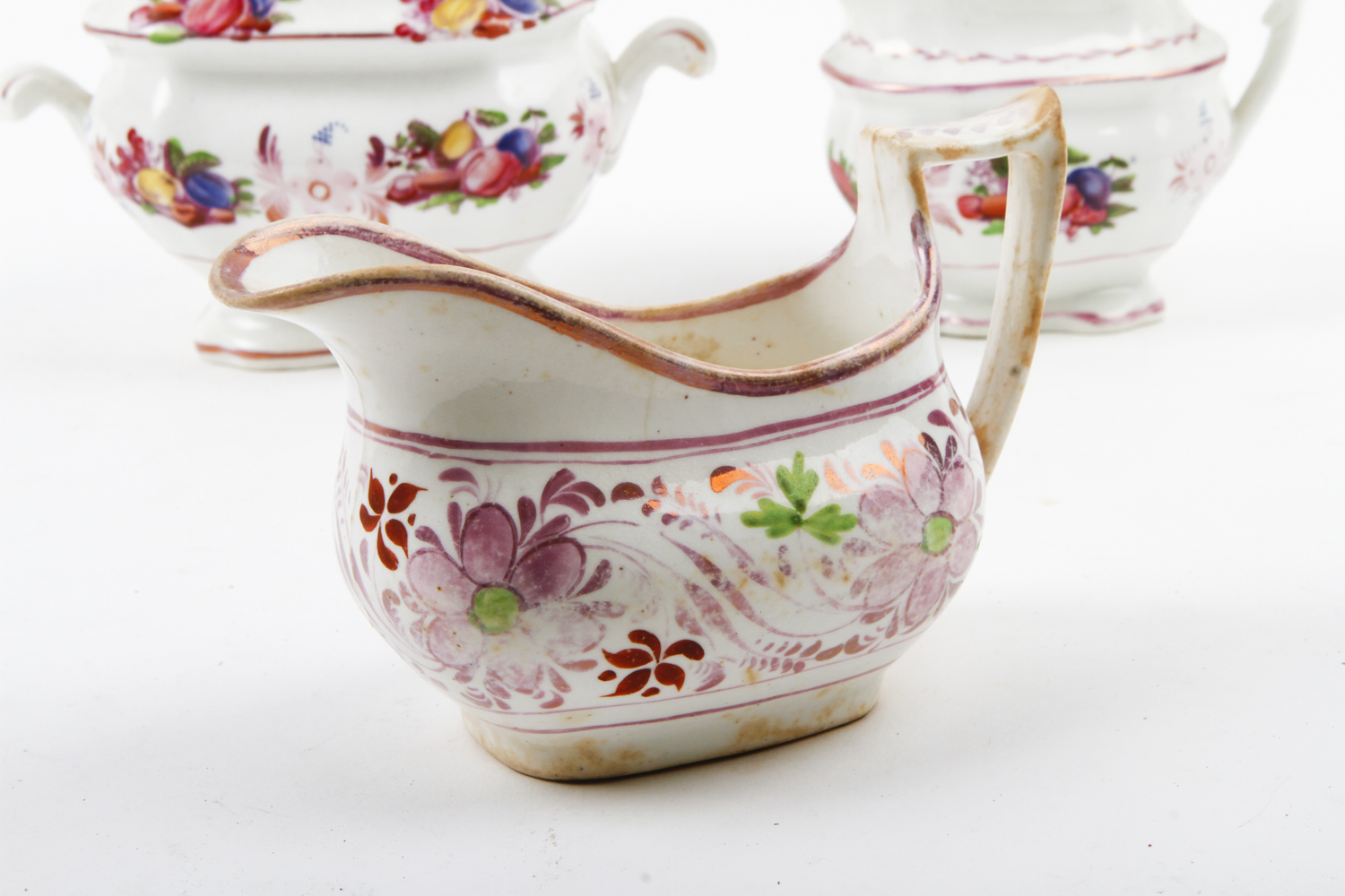 Collection of Antique English Pink Lustreware Tea Cups and Dishes