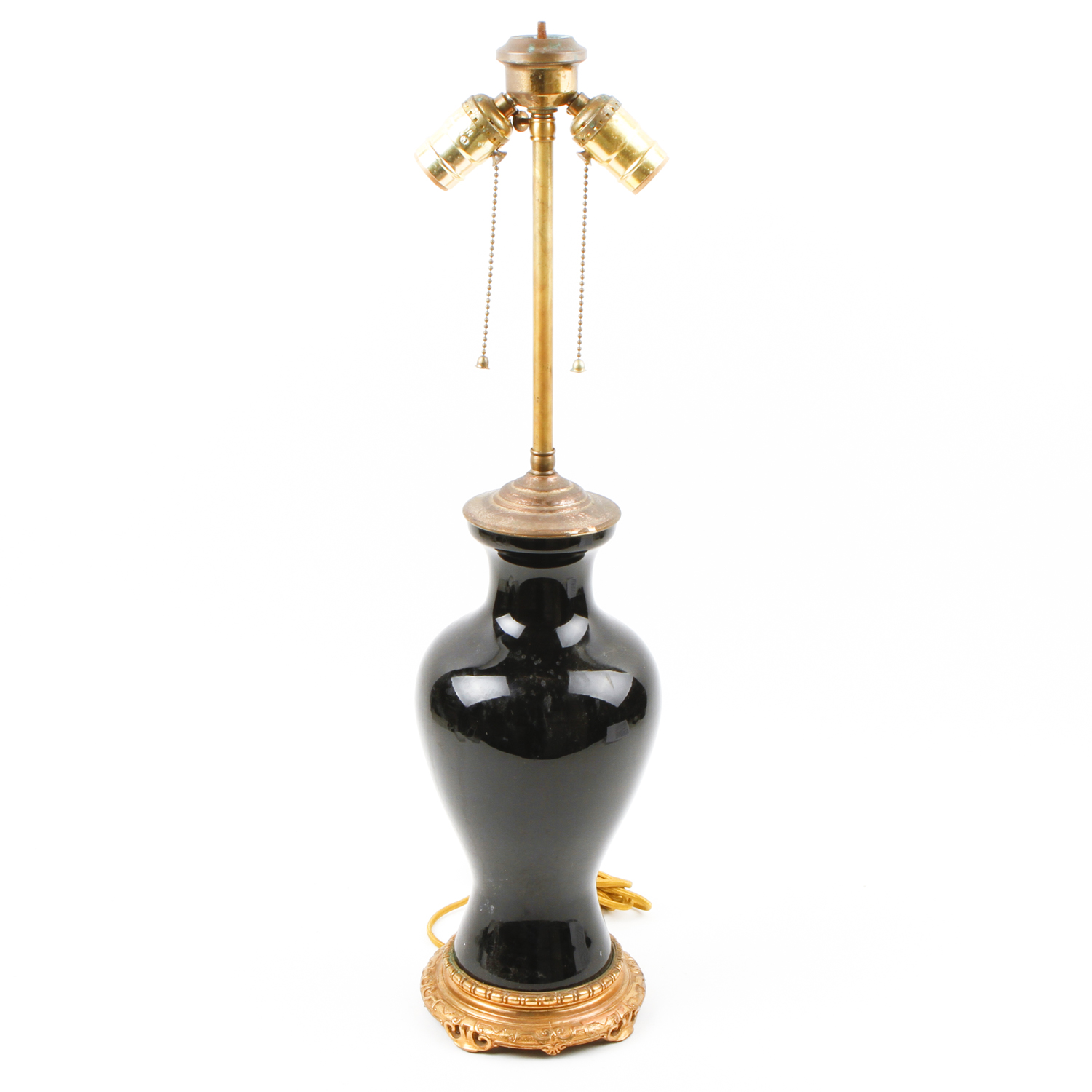 Vintage Black Glass and Gilt Metal Table Lamp