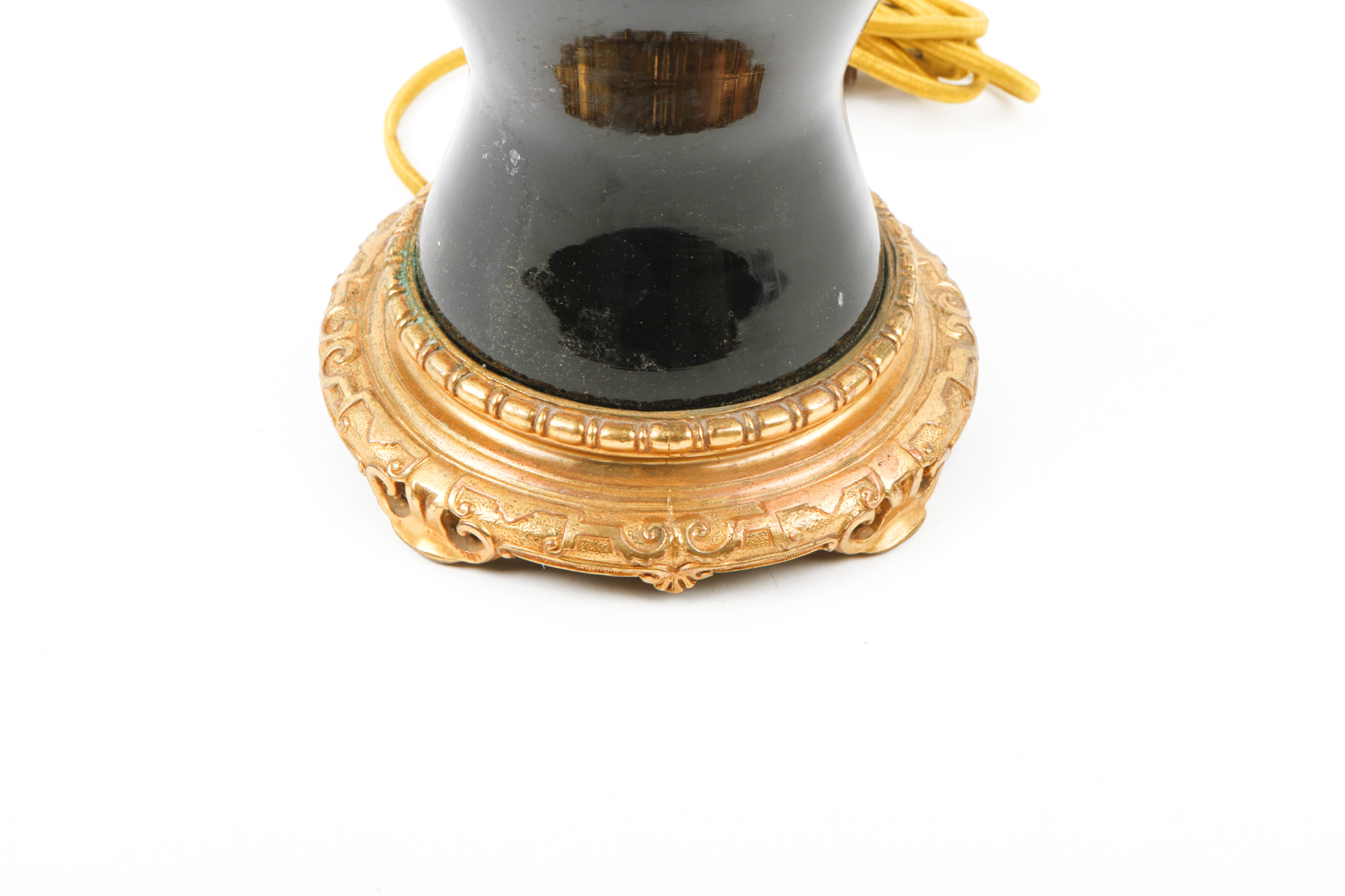 Vintage Black Glass and Gilt Metal Table Lamp
