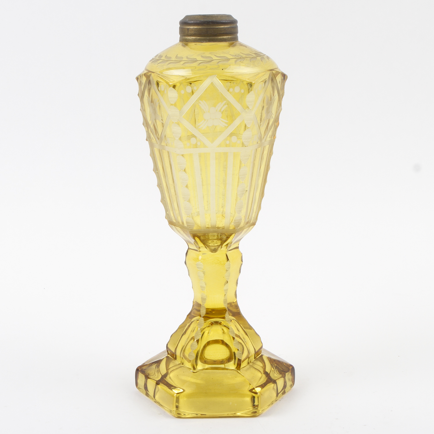 Antique 19th Century Yellow Overlay Glass Whale Oil Lamp