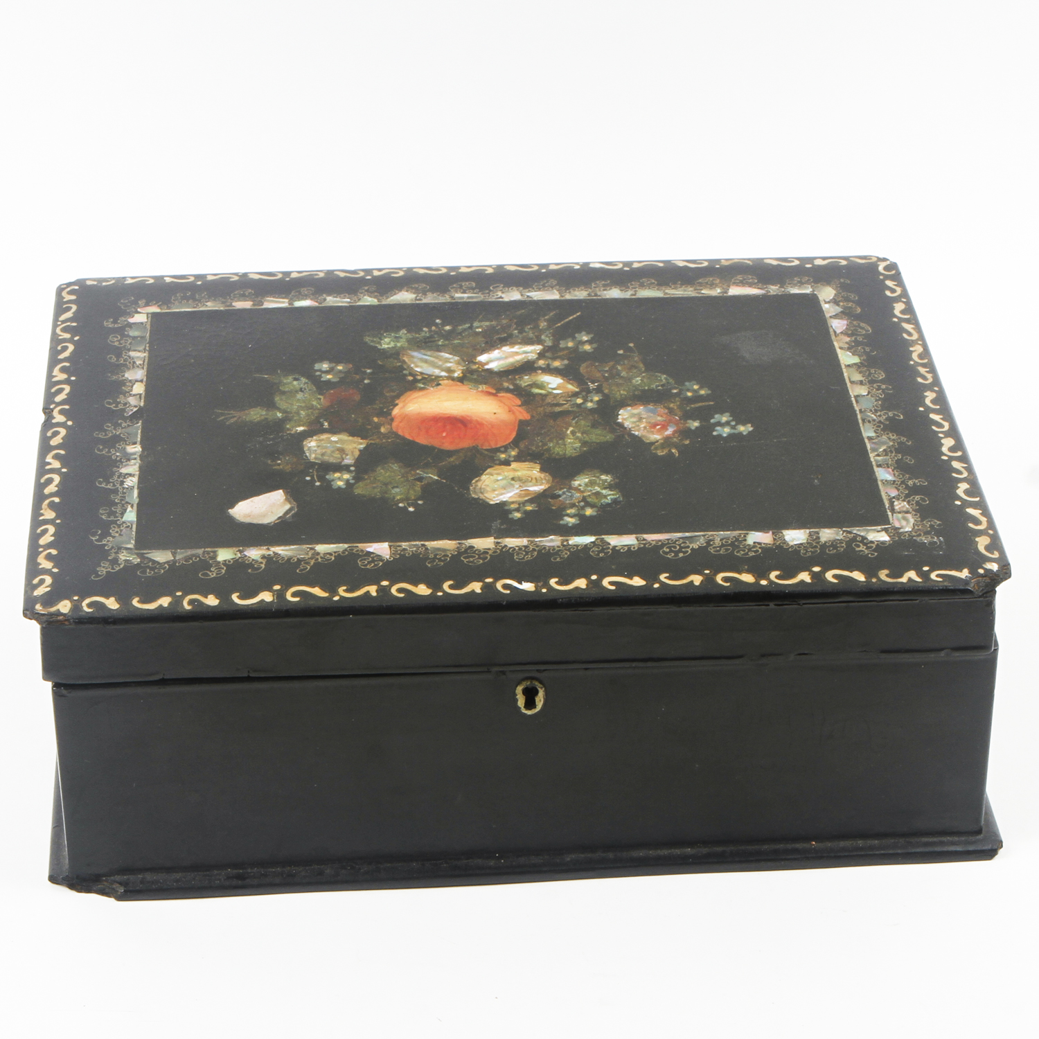 Victorian Black Lacquer Paper Maché and Mother of Pearl Inlaid Box