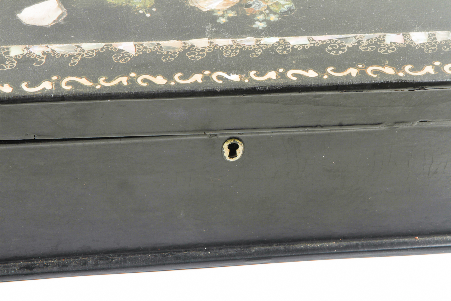 Victorian Black Lacquer Paper Maché and Mother of Pearl Inlaid Box