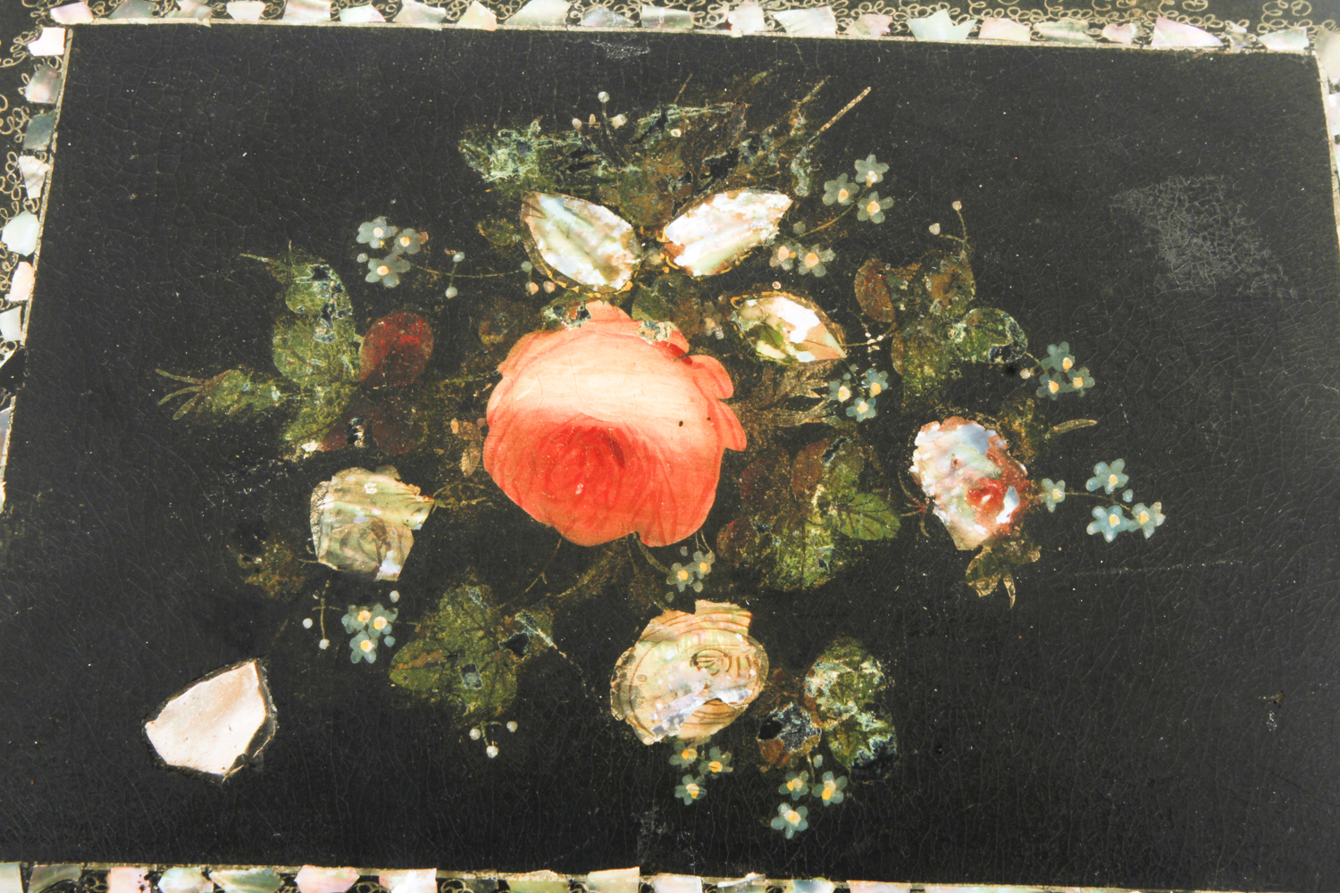 Victorian Black Lacquer Paper Maché and Mother of Pearl Inlaid Box