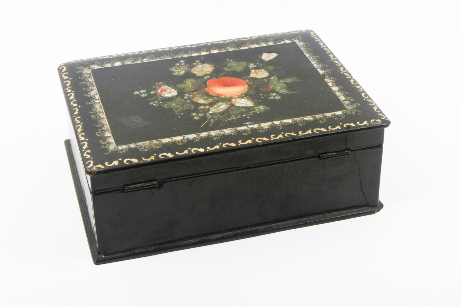 Victorian Black Lacquer Paper Maché and Mother of Pearl Inlaid Box
