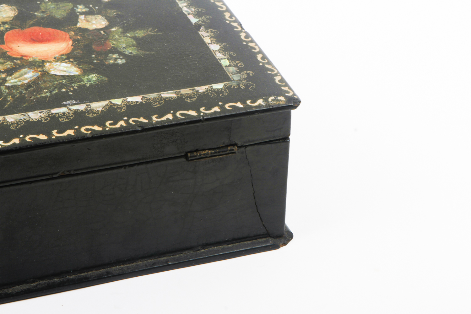 Victorian Black Lacquer Paper Maché and Mother of Pearl Inlaid Box