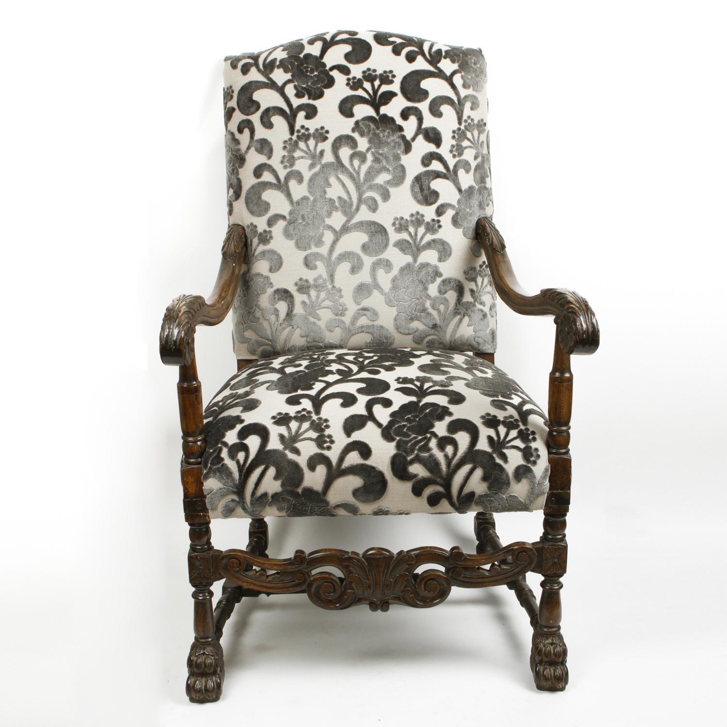 Carved Italian Throne Chair with Donghia Cut Velvet Upholstery