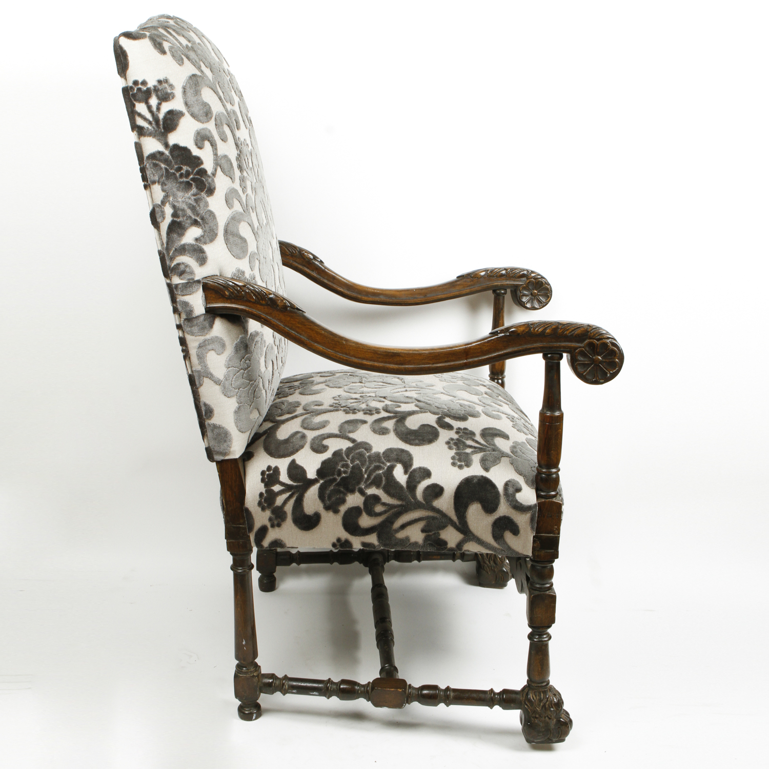 Carved Italian Throne Chair with Donghia Cut Velvet Upholstery