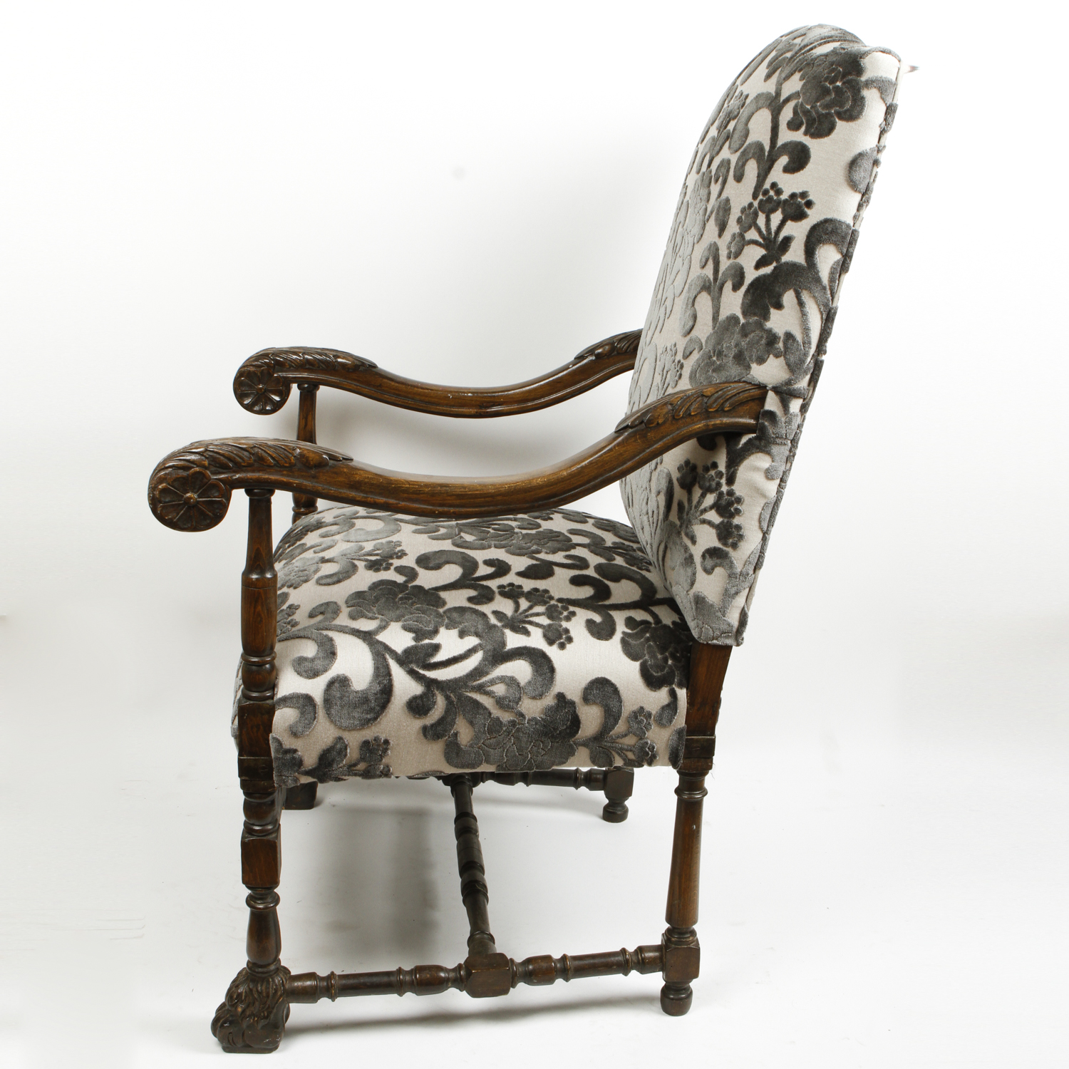Carved Italian Throne Chair with Donghia Cut Velvet Upholstery