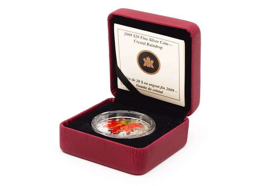 2009 Royal Canadian Mint $20 Fine Silver Autumn Showers Crystal Raindrop Coin