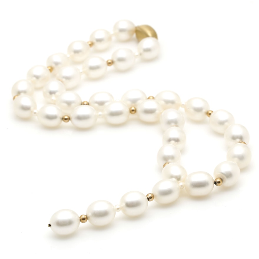 14K Yellow Gold Lariat Styled Cultured Pearl Necklace