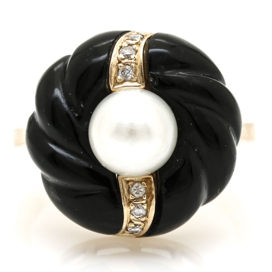 14K Yellow Gold Onyx, Diamond, and Pearl Ring