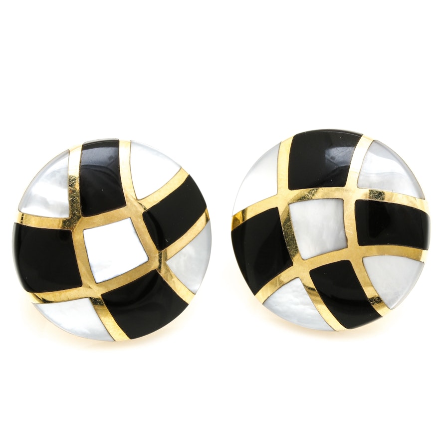 Asch Grossbardt 14K Yellow Gold Black Onyx and Mother of Pearl Clip On Earrings