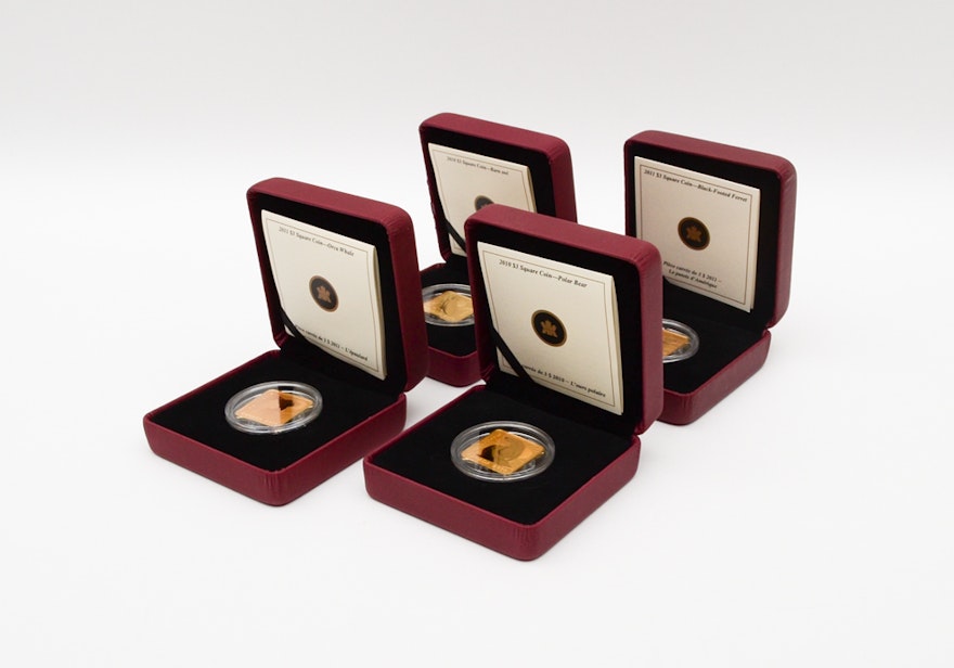 Royal Canadian Mint Wildlife Conservation Series Square Gold Plated Sterling Coins