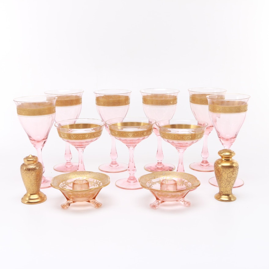 Vintage Tiffin-Franciscan "Rambler-Rose" Gold Trimmed Glasses and Tableware