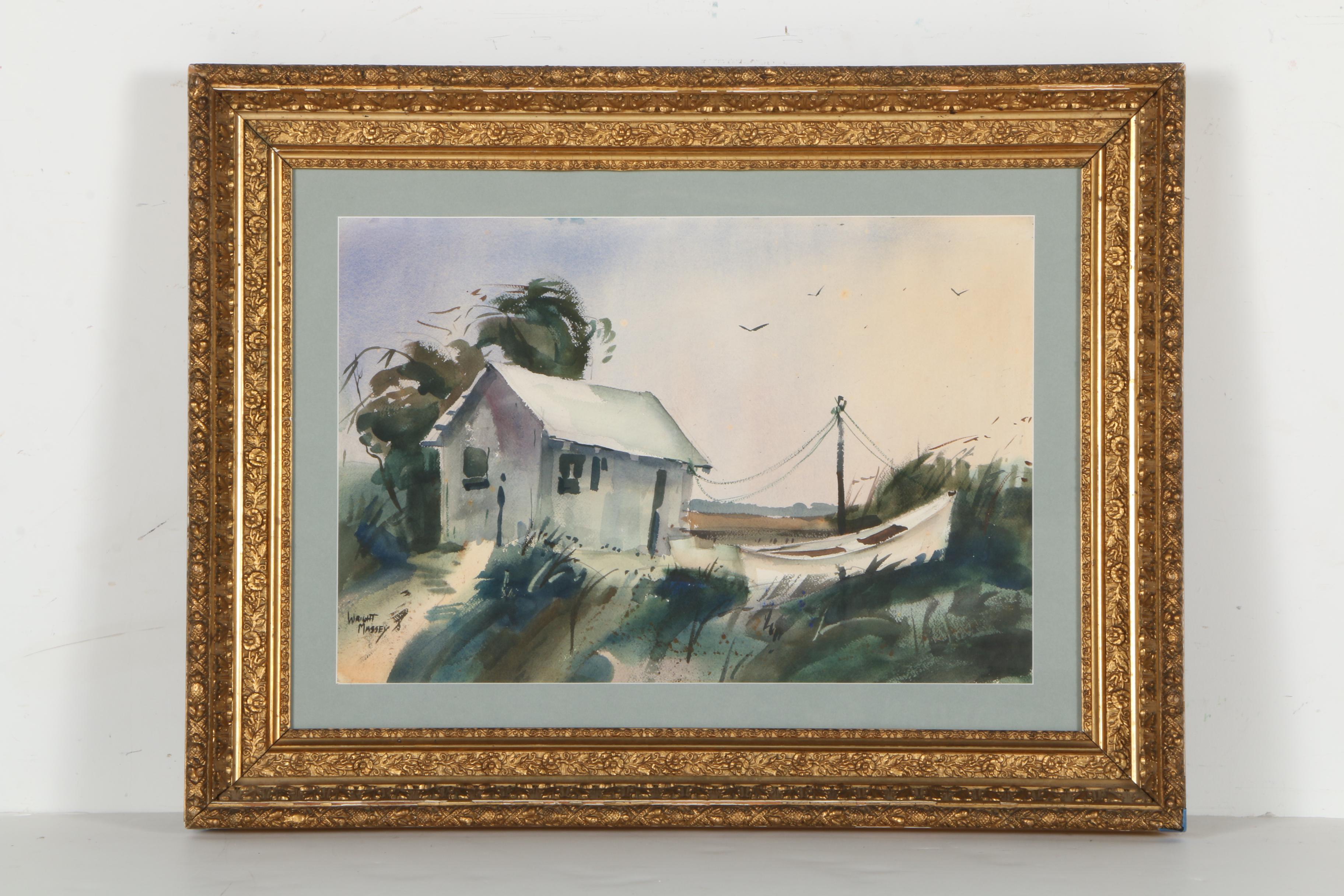 Wright Massey Watercolor on Paper "Boathouse With Ship"