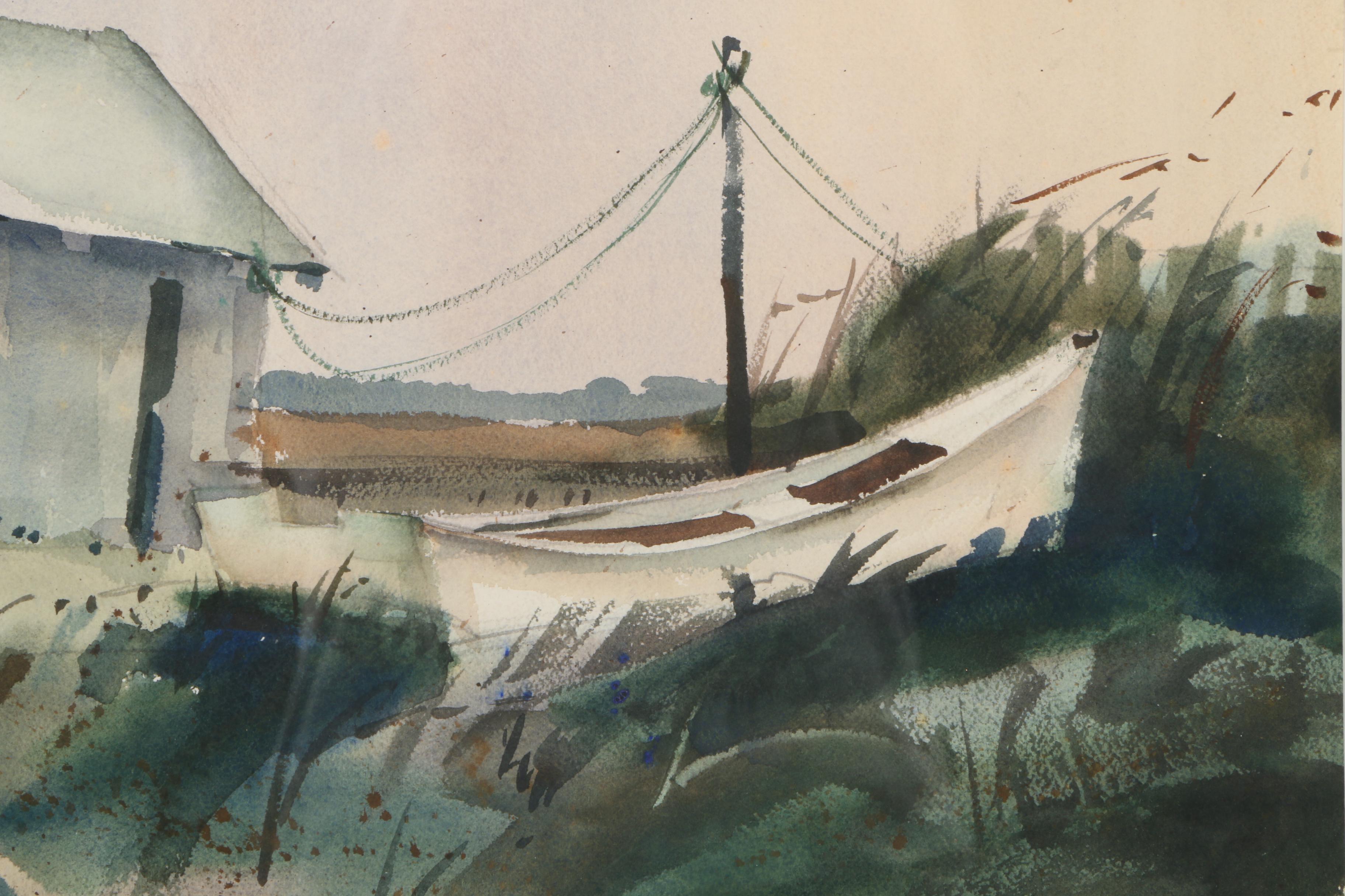 Wright Massey Watercolor on Paper "Boathouse With Ship"