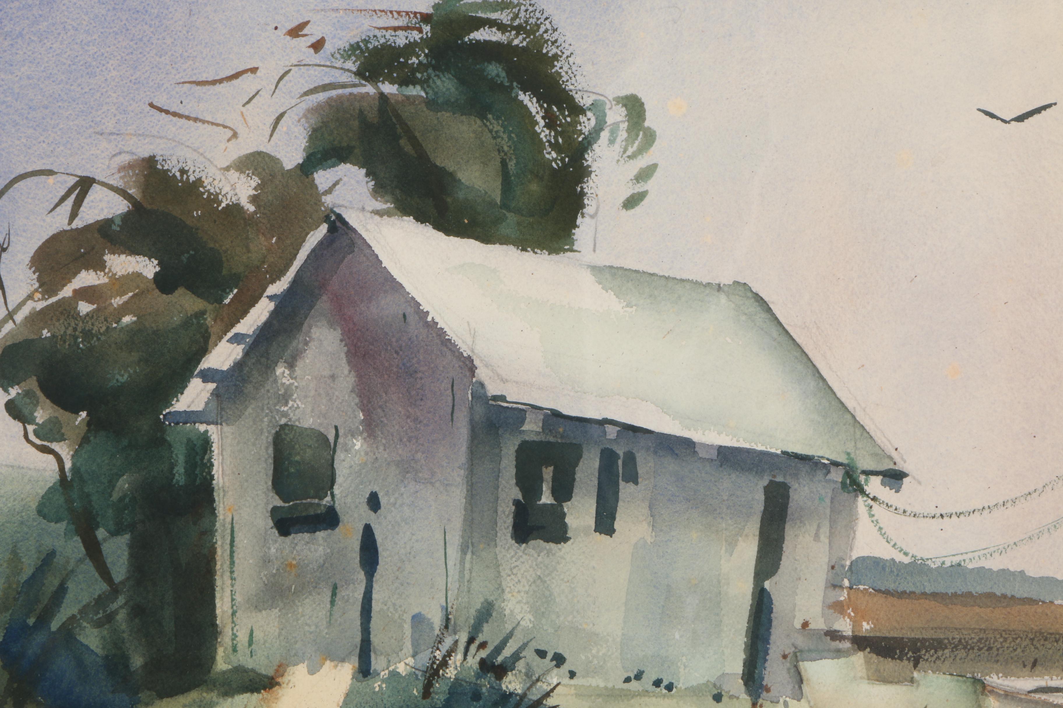 Wright Massey Watercolor on Paper "Boathouse With Ship"