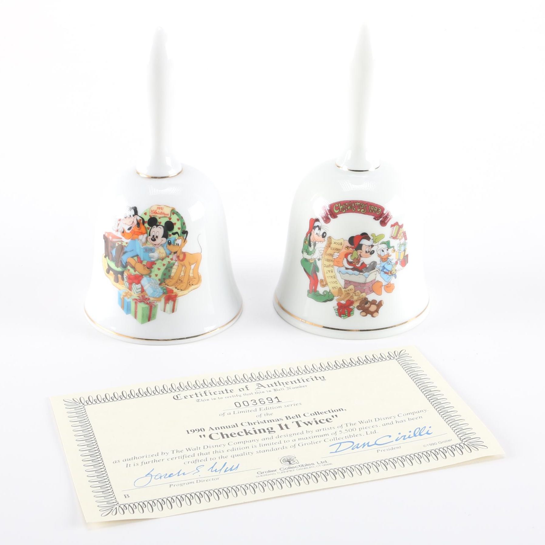 1990 and 1991 Annual Disney Christmas Bell Collection by Grolier Collectibles, Ltd.