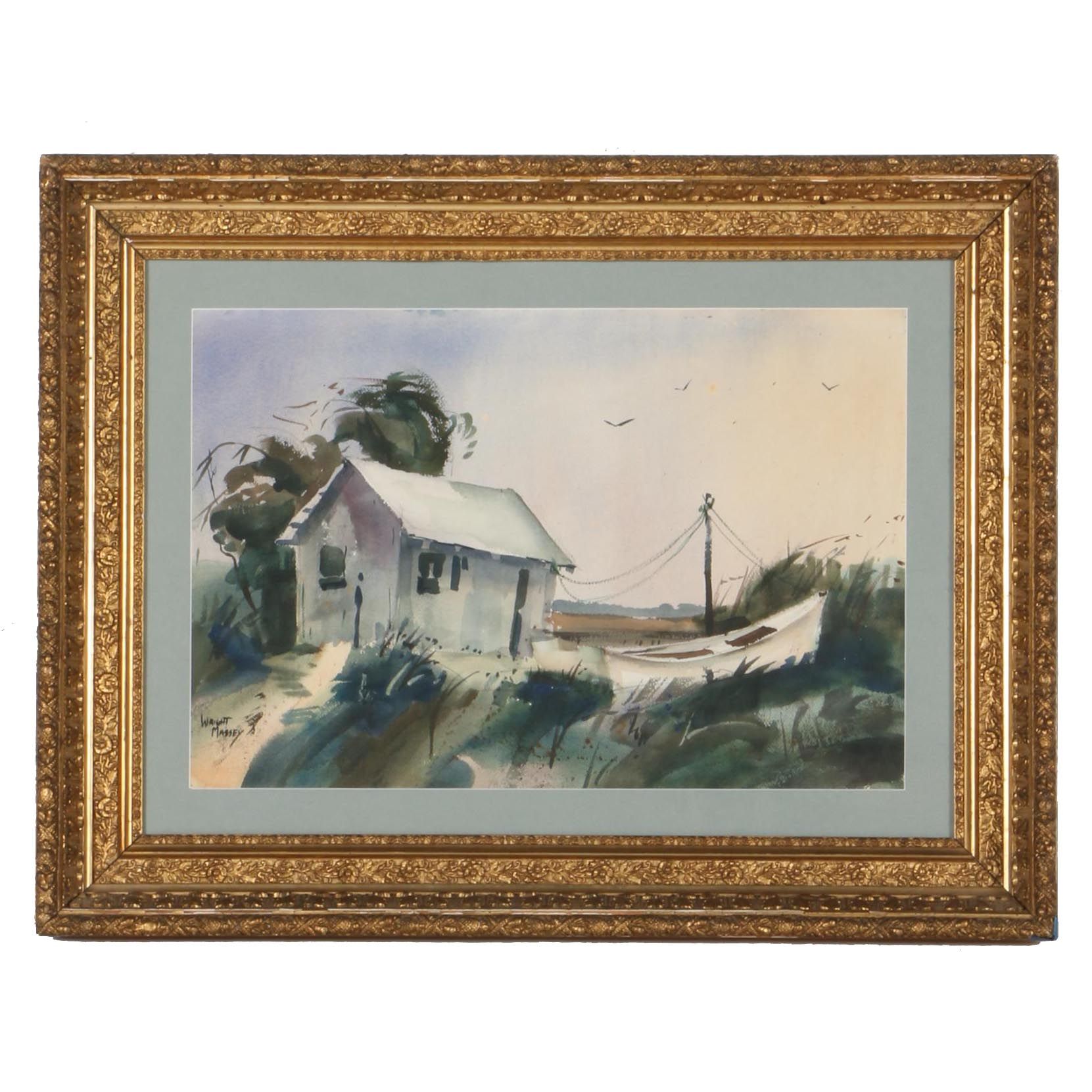 Wright Massey Watercolor on Paper "Boathouse With Ship"