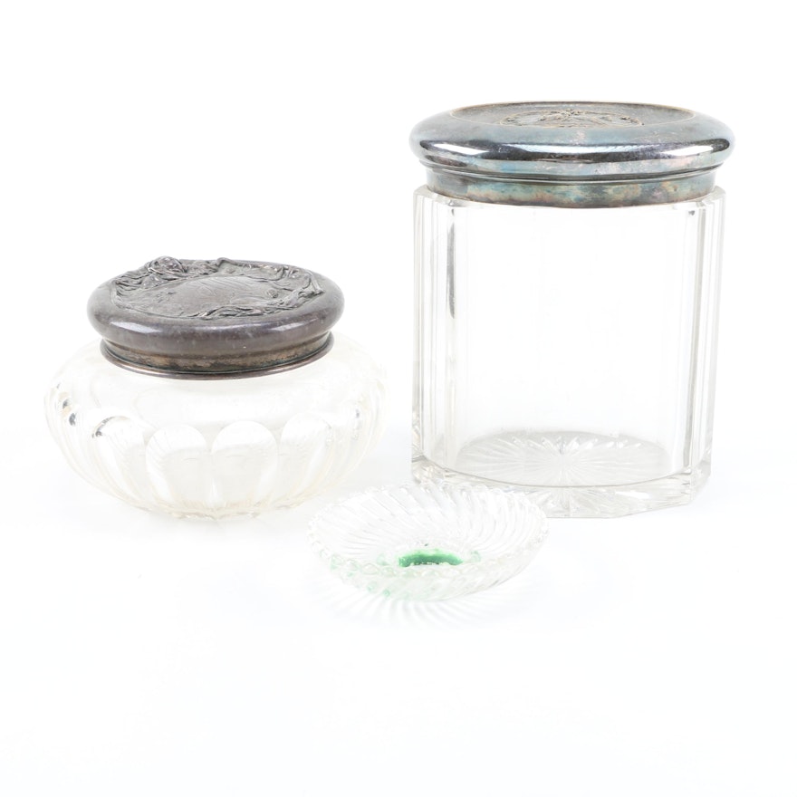 Sterling Silver Lidded Glass Jar and Other Glass Items