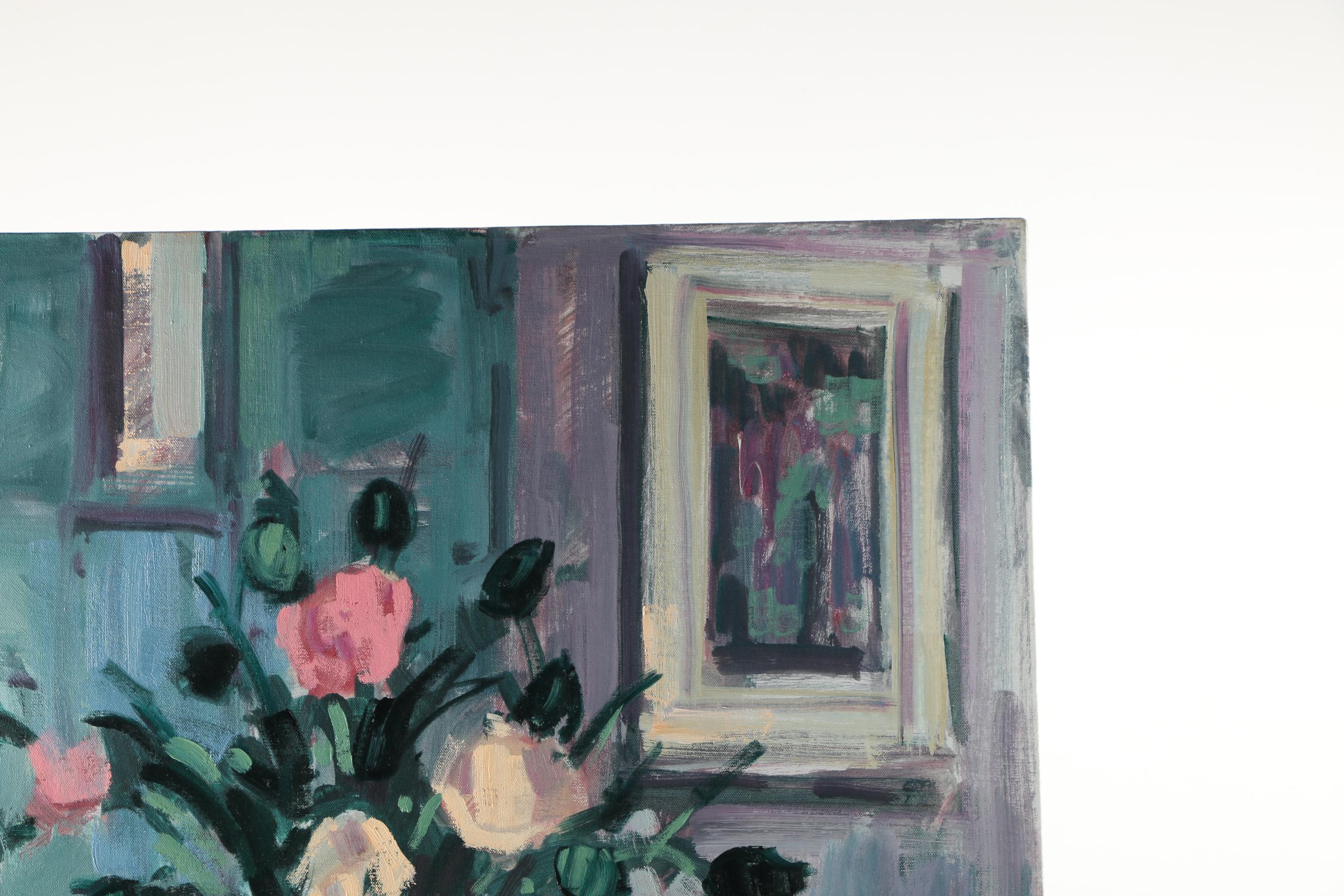 1992 James DeLoye Oil on Canvas "Rose Bouquet In Red Spotted Vase"