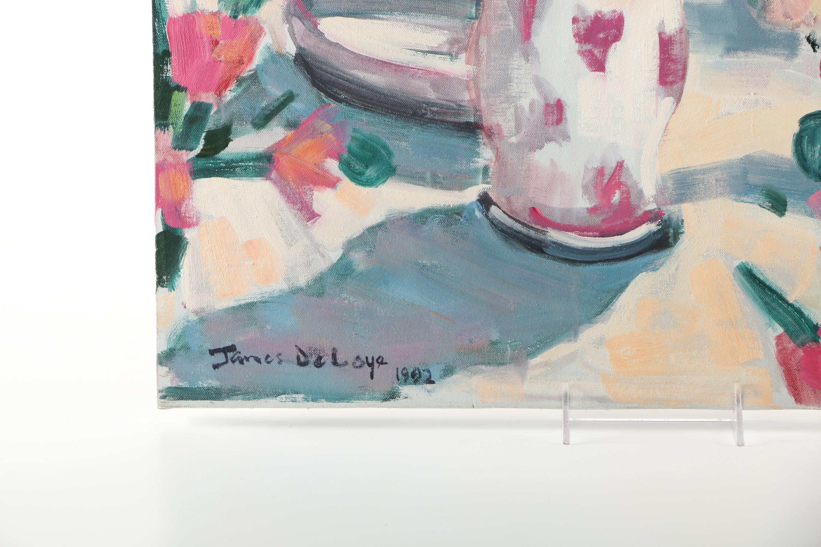 1992 James DeLoye Oil on Canvas "Rose Bouquet In Red Spotted Vase"