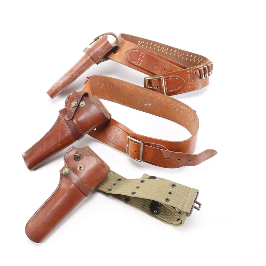 Three Vintage Leather Hand-Gun Holsters Belts Including Heiser Denver