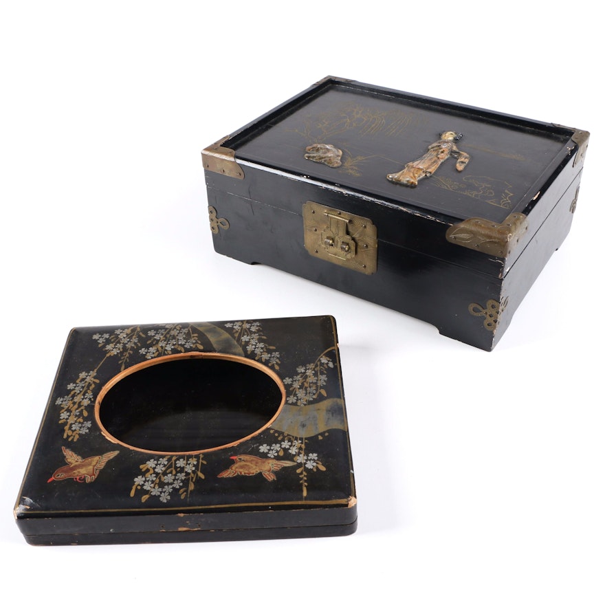 Chinese Wood and Inlaid Soapstone Jewelry Box