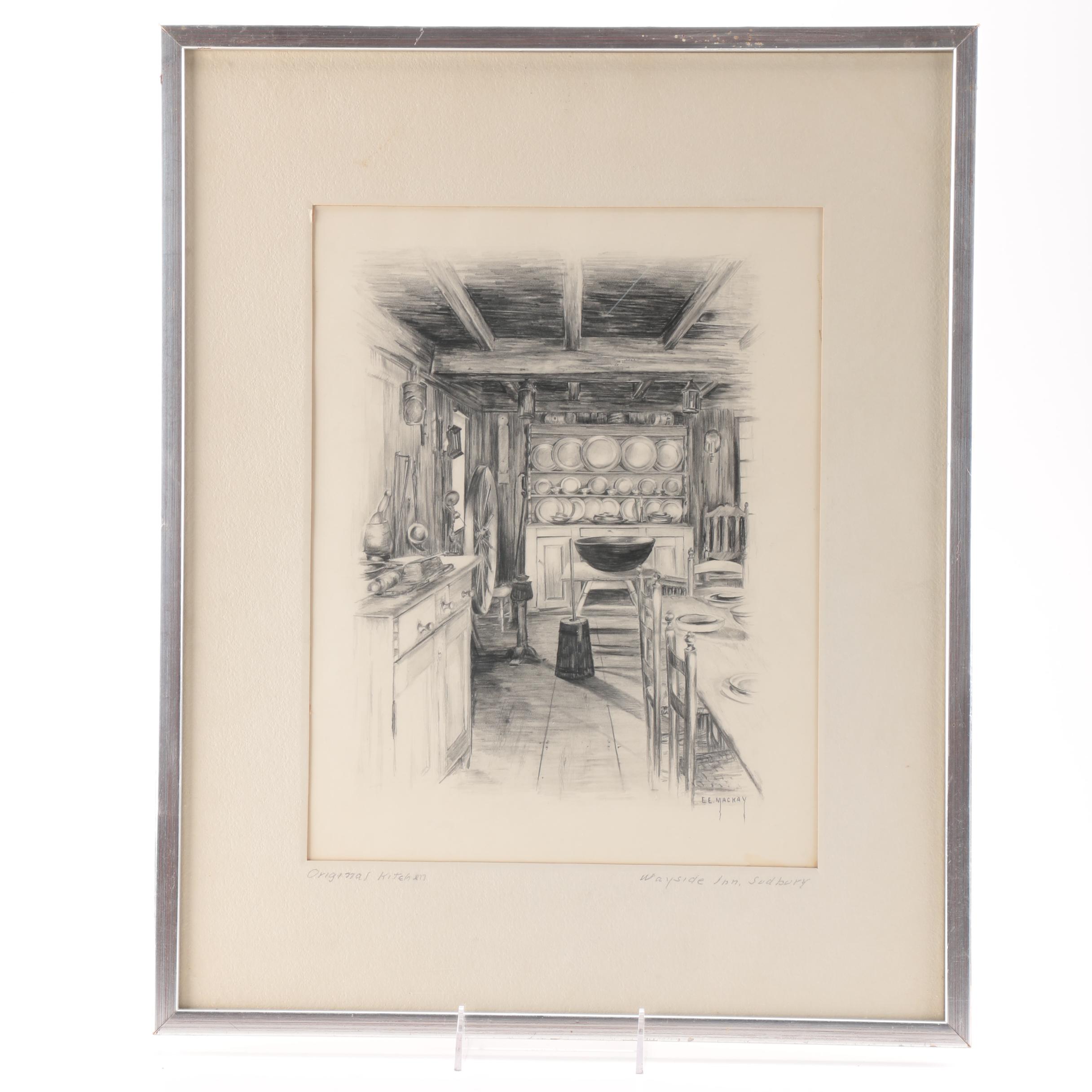 E. E. Mackay Graphite Drawing "Original Kitchen - Wayside Inn, Sudbury"