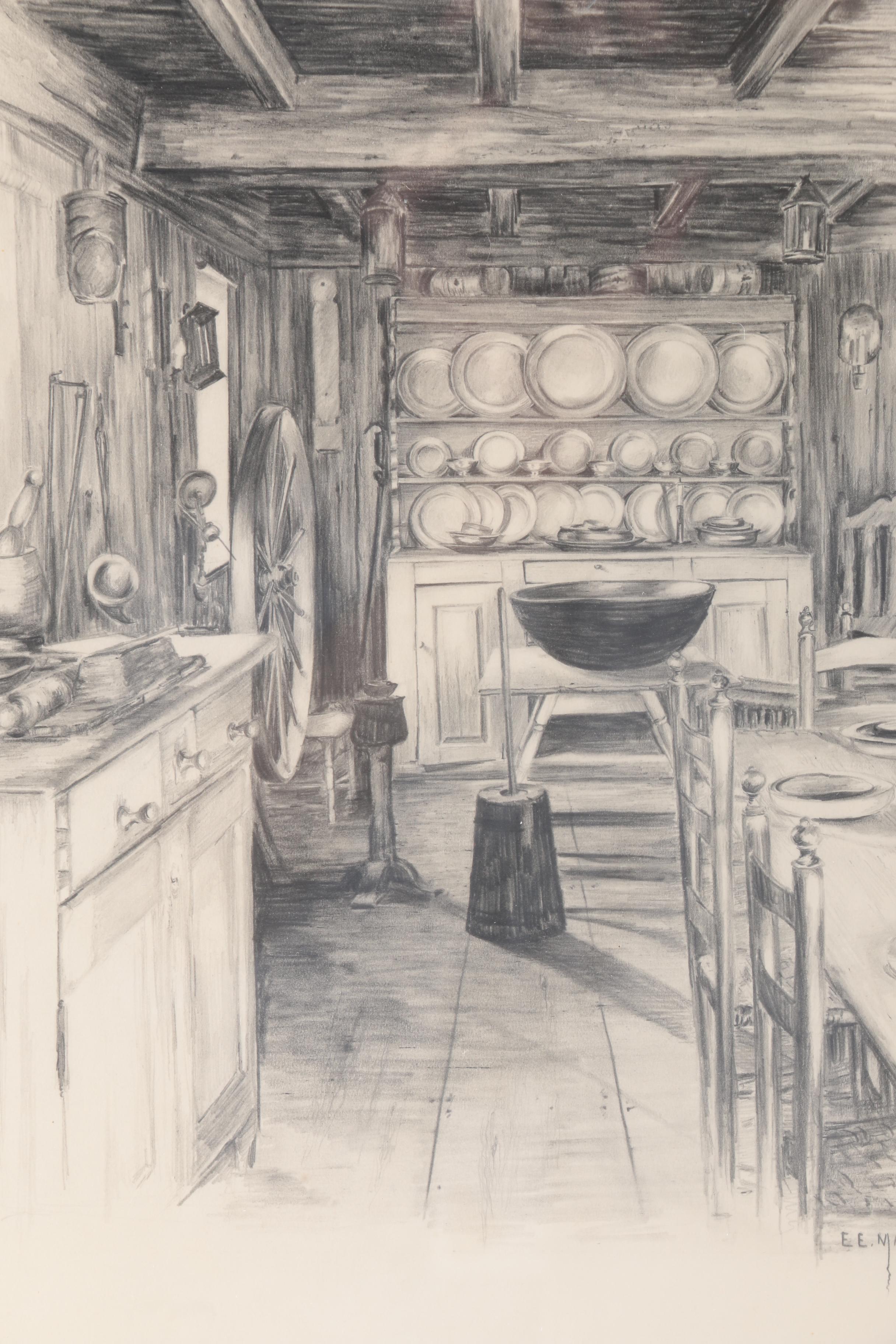 E. E. Mackay Graphite Drawing "Original Kitchen - Wayside Inn, Sudbury"