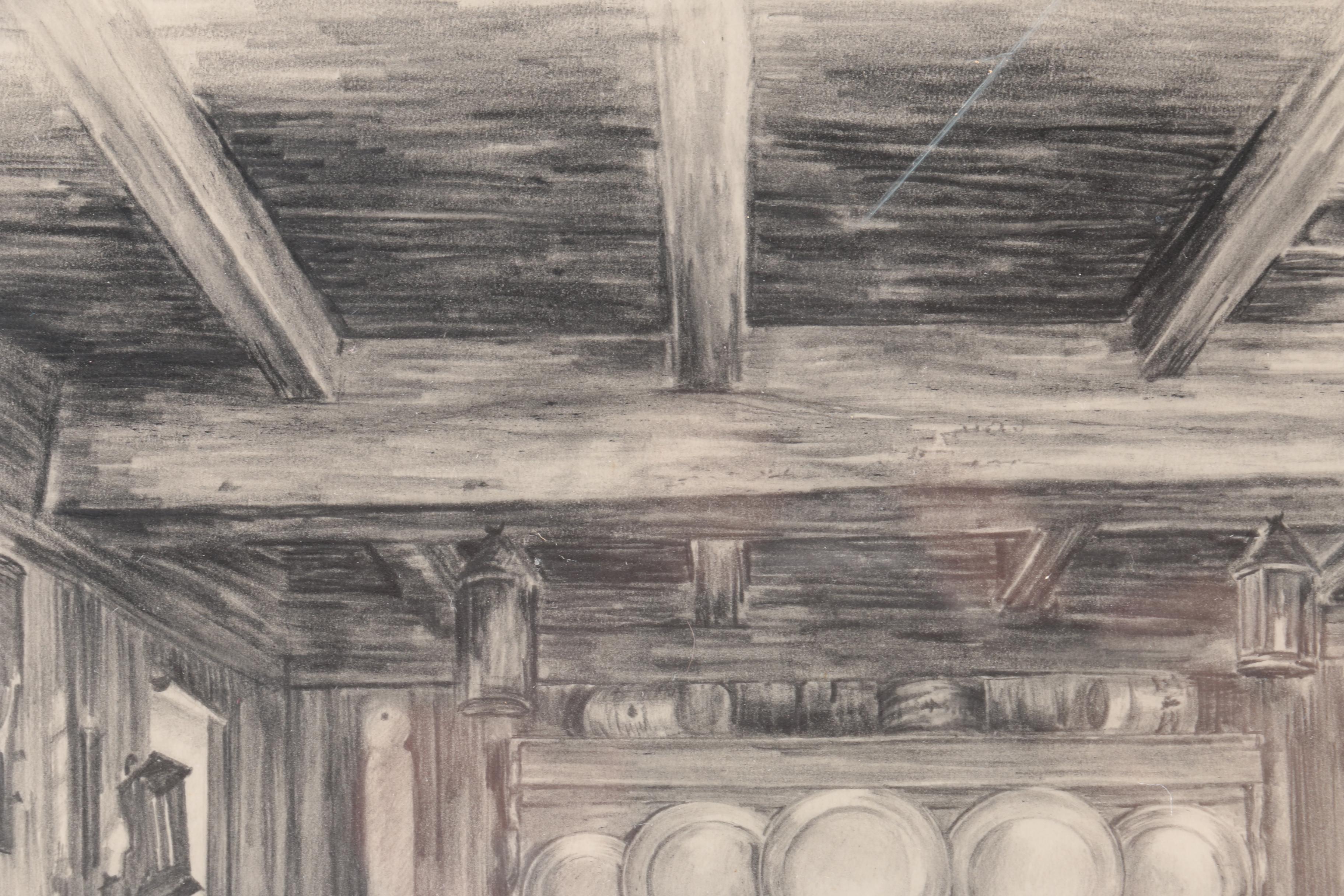 E. E. Mackay Graphite Drawing "Original Kitchen - Wayside Inn, Sudbury"