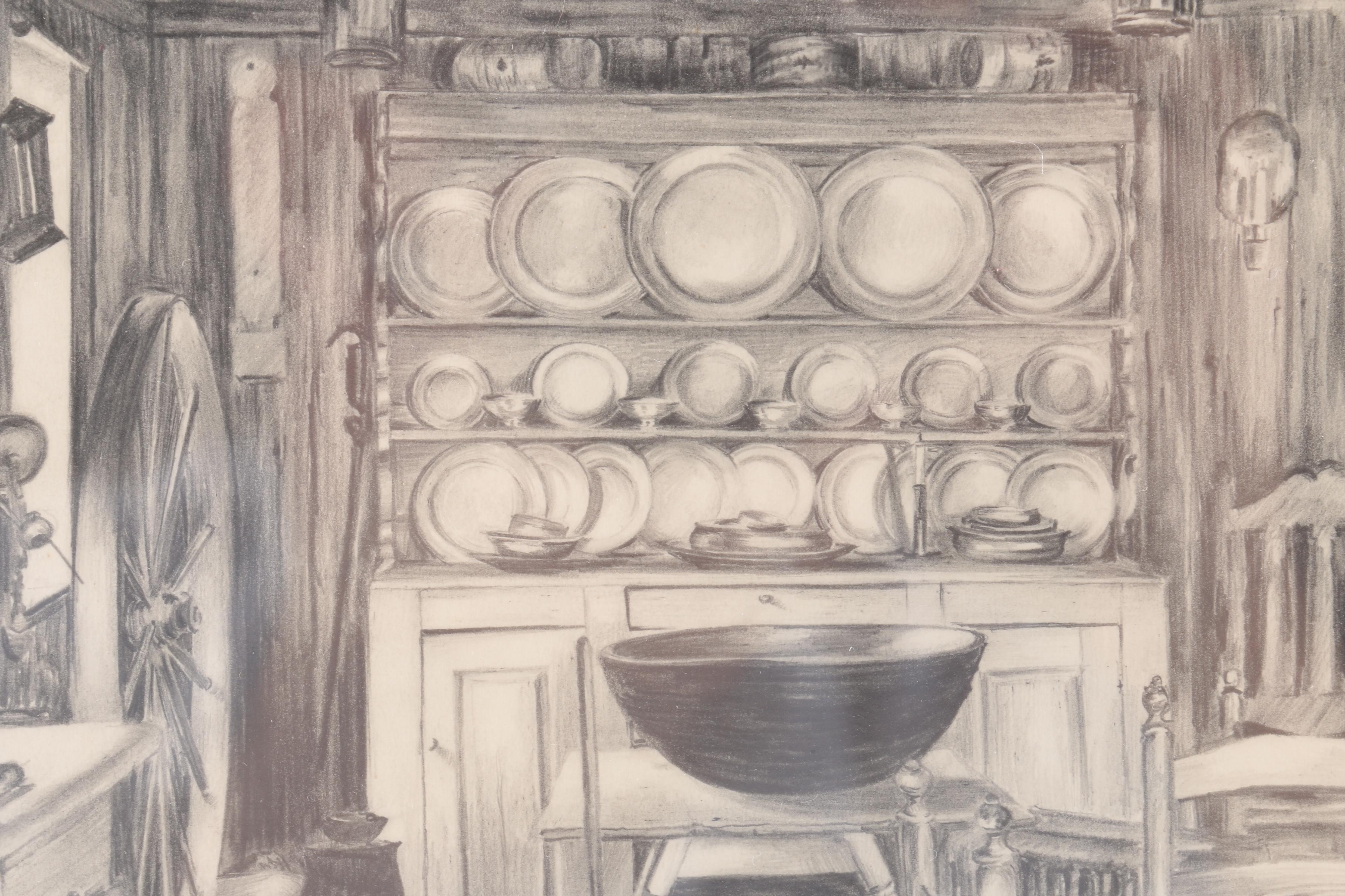 E. E. Mackay Graphite Drawing "Original Kitchen - Wayside Inn, Sudbury"