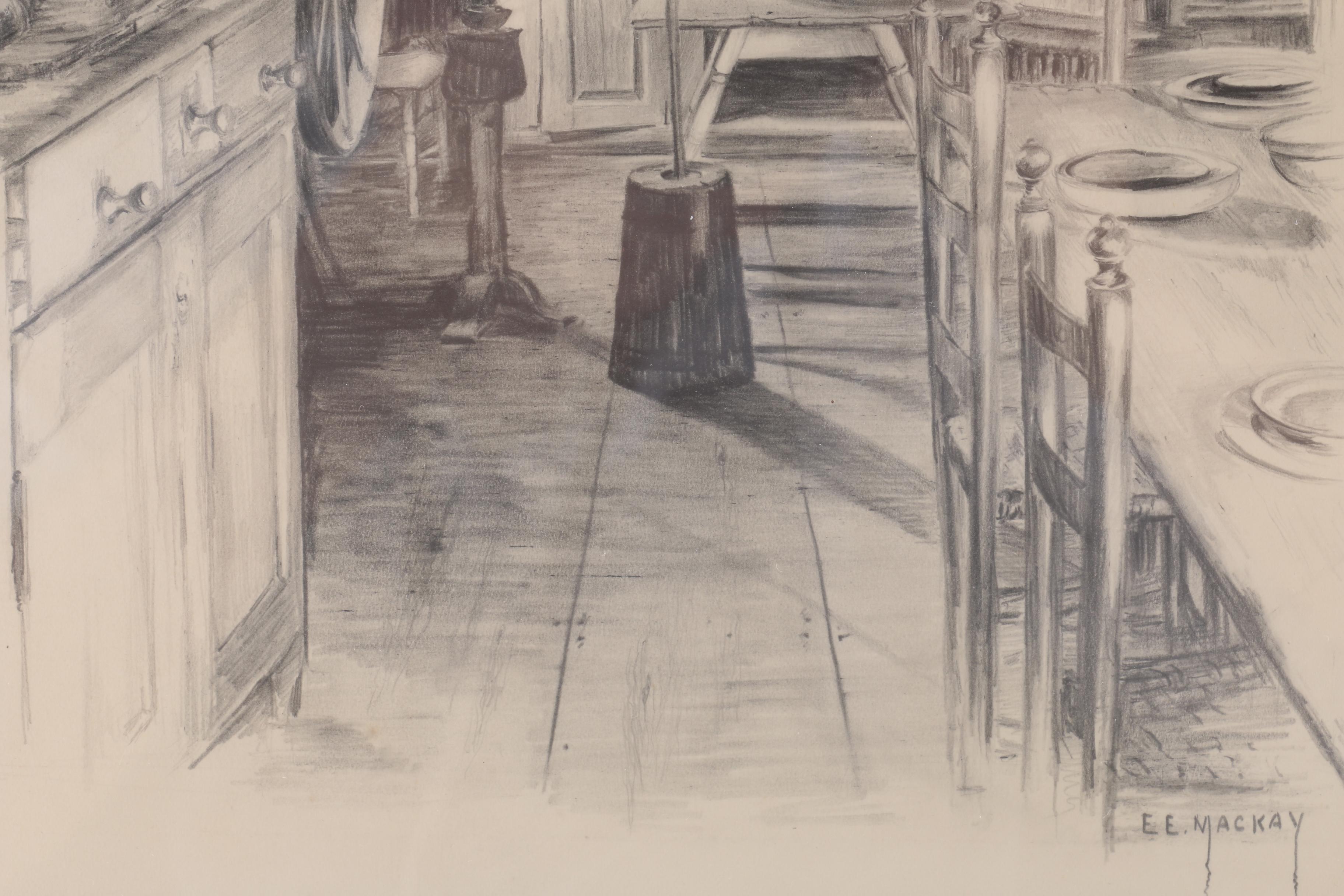 E. E. Mackay Graphite Drawing "Original Kitchen - Wayside Inn, Sudbury"