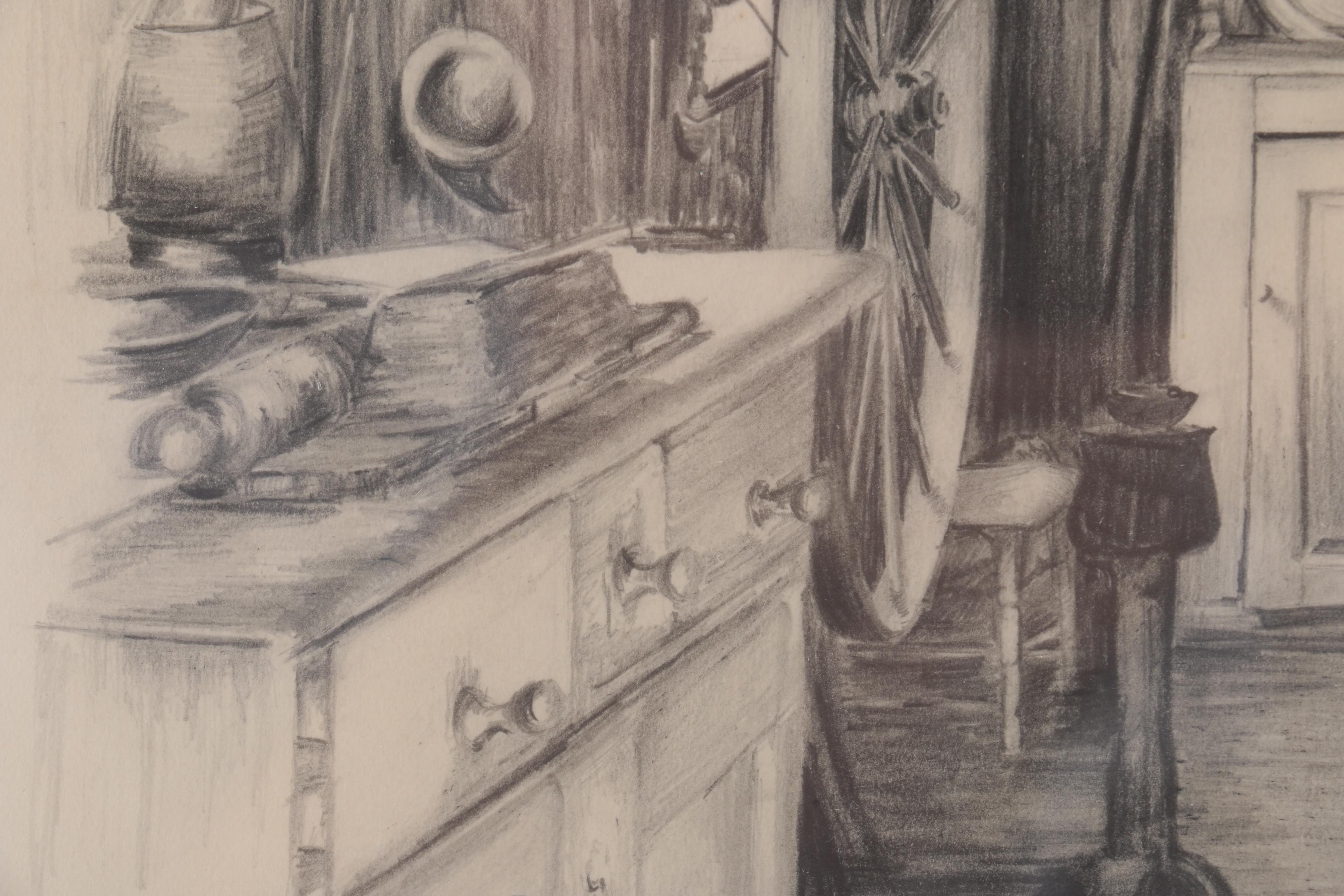E. E. Mackay Graphite Drawing "Original Kitchen - Wayside Inn, Sudbury"