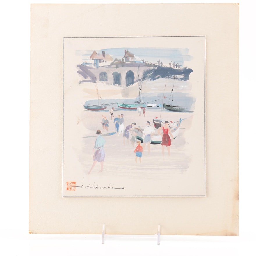 Atsushi Kikuchi Mid-Century Watercolor and Gouache on Paper of Beach Scene