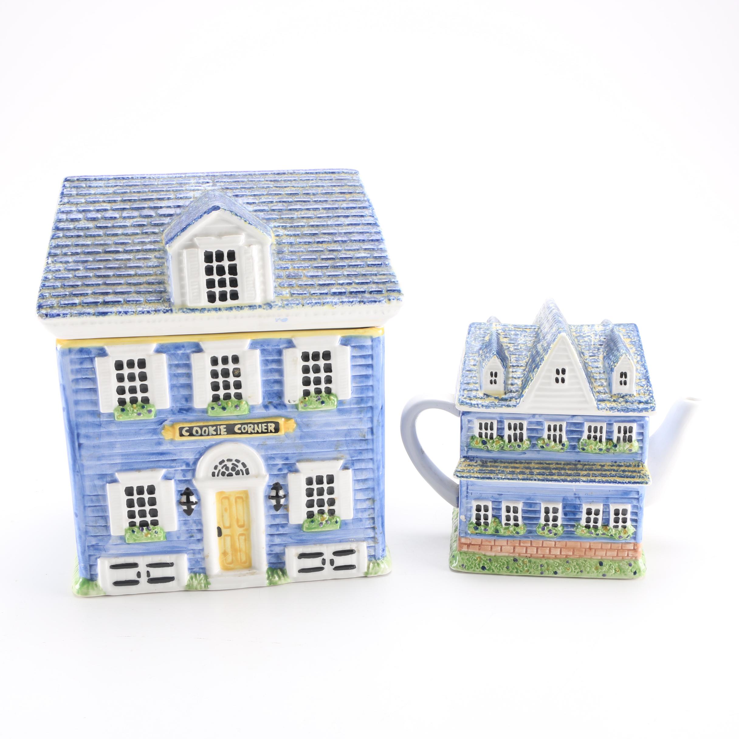 Ceramic House-Shaped Cookie Jar and Teapot